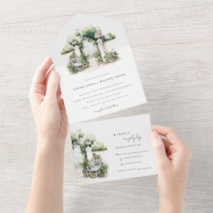 Classy French Garden Landscape Watercolor Wedding All In One Invitation