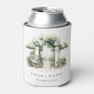 Classy French Garden Landscape Watercolor Wedding Can Cooler