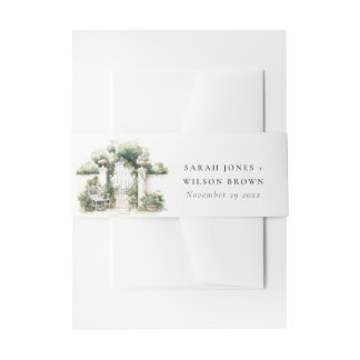 Classy French Garden Landscape Watercolor Wedding Invitation Belly Band