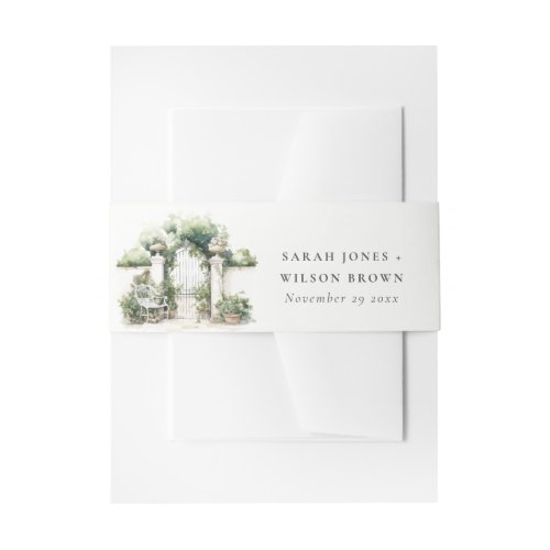 Classy French Garden Landscape Watercolor Wedding Invitation Belly Band