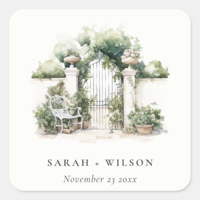 Classy French Garden Landscape Watercolor Wedding Square Sticker (Front)