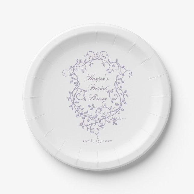 Classy French Lavender Floral Crest Bridal Shower Paper Plates (Front)