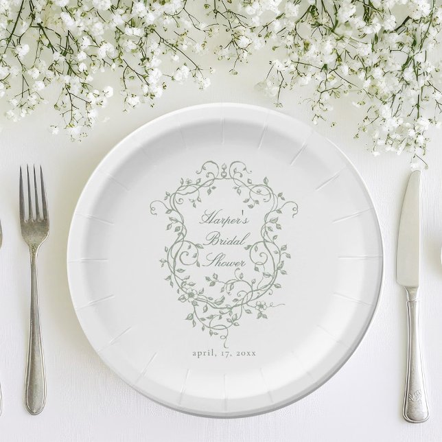 Classy French Sage Green Foral Crest Bridal Shower Paper Plates (Creator Uploaded)