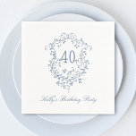 Classy French Victorian Blue 40th Birthday Party Napkins<br><div class="desc">Classic French Victorian blue floral crest birthday napkin for any age. For more advanced customization of this design,  please click the DESIGN TOOL BUTTON above!</div>