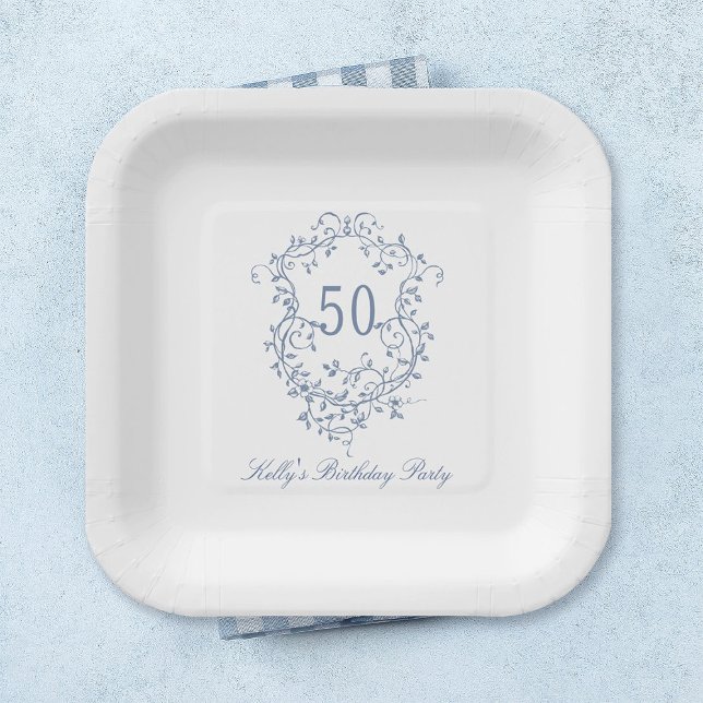Classy French Victorian Blue 50th Birthday Party Paper Plates (Creator Uploaded)
