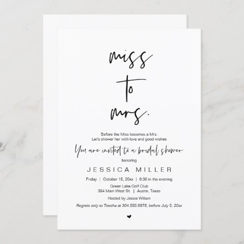 Classy Fun Minimalist Miss to Mrs Bridal Shower  Invitation