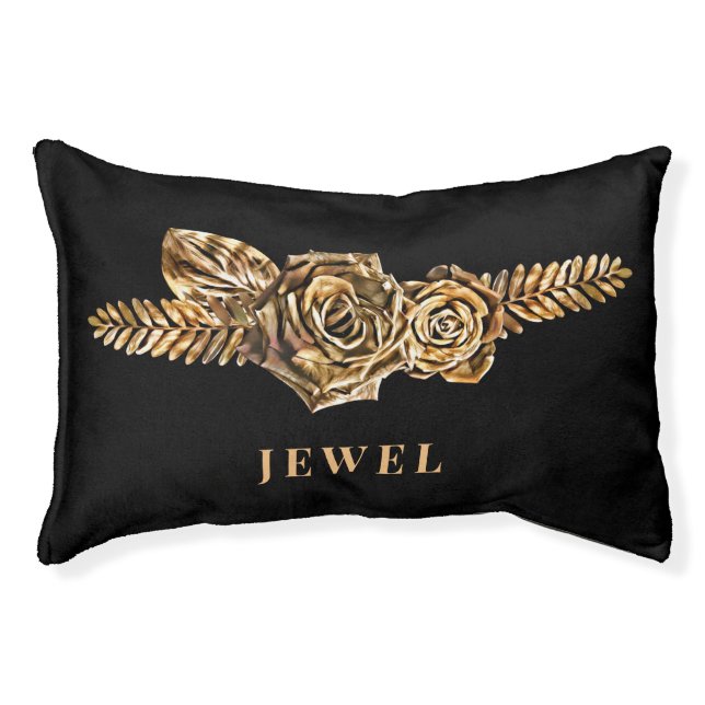  Classy Funny Black Luxury Golden Flowers Add Name Pet Bed (Front)