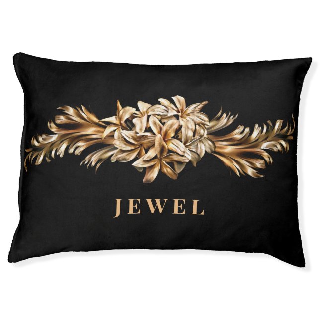  Classy Funny Black Luxury Golden Flowers Add Name Pet Bed (Front)