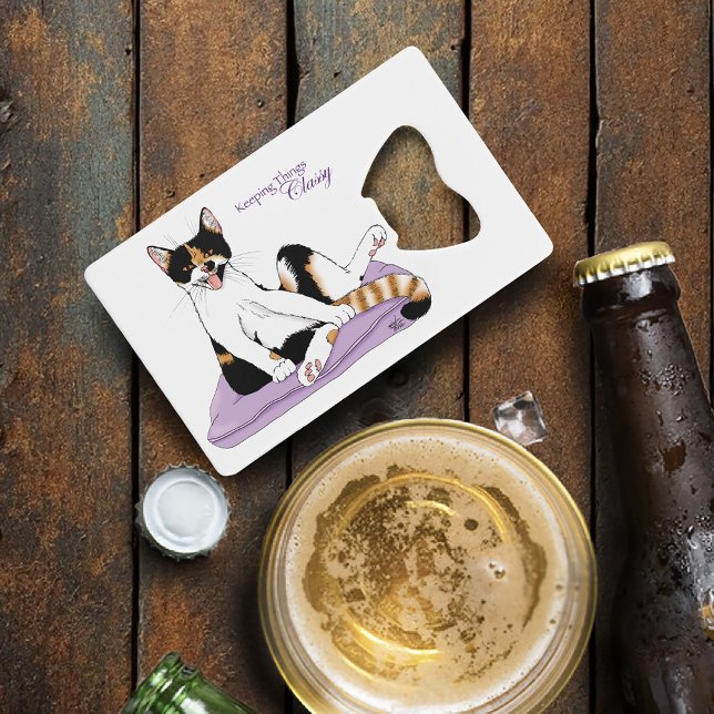 Classy Funny Calico Cat Purple Credit Card Bottle Opener (Creator Uploaded)