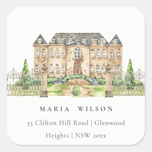 Classy Garden Chateau Manor Watercolor Address Square Sticker