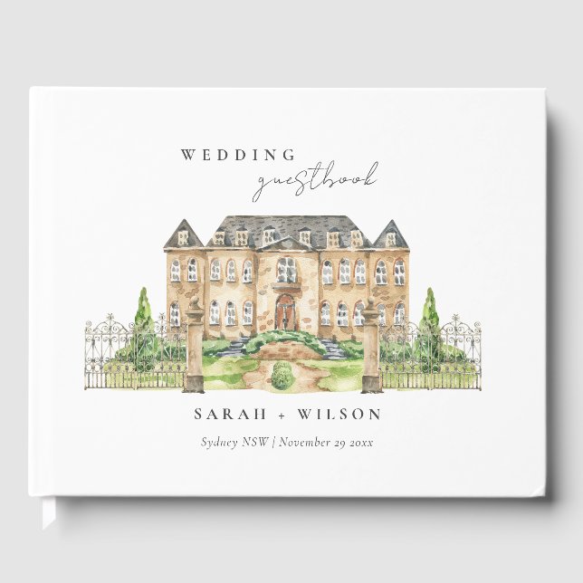 Classy Garden Chateau Manor Watercolor Wedding Guest Book (Front)
