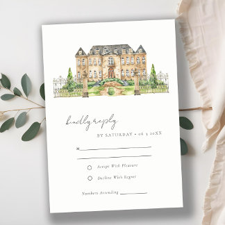 Classy Garden Chateau Manor Watercolor Wedding RSVP Card