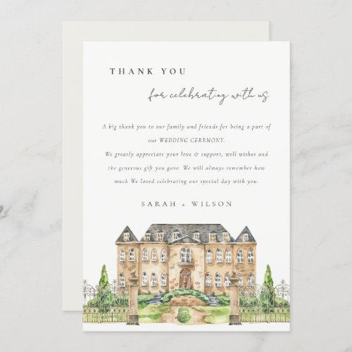 Classy Garden Chateau Manor Watercolor Wedding Thank You Card