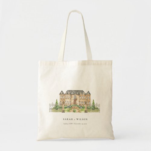 Classy Garden Chateau Manor Watercolor Wedding Tote Bag