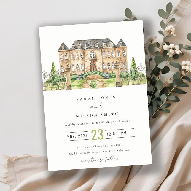 Classy Garden Chateau Watercolor Wedding Invite (Creator Uploaded)