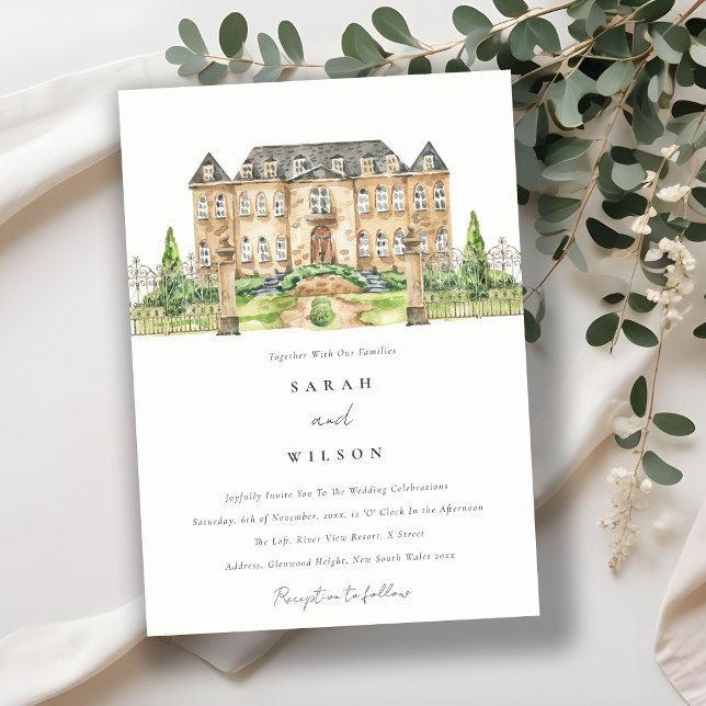Classy Garden Chateau Watercolor Wedding Invite (Creator Uploaded)