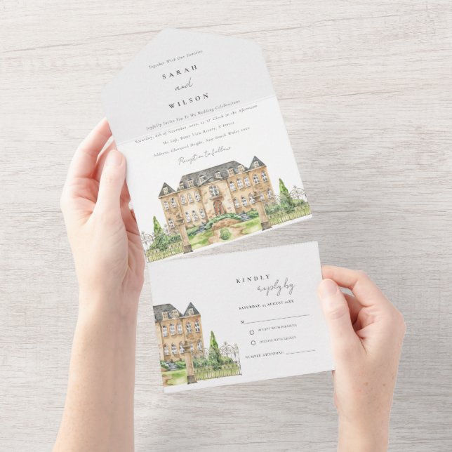 Classy Garden Chateau Watercolor Wedding Invite (Tearaway)