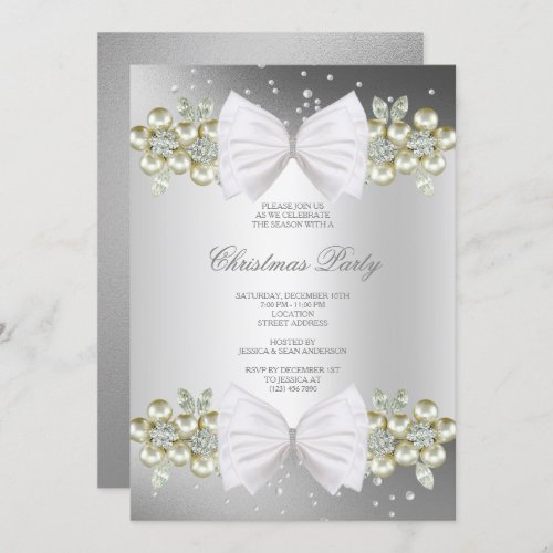 Classy Gems  Bow Silver Christmas Invitation