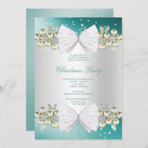 Classy Gems  Bow Teal Christmas Invitation