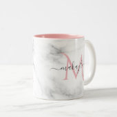 Classy Girly Luxury Marble Design Name Monogram Two-Tone Coffee Mug (Front Right)