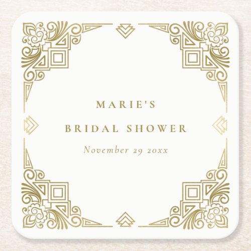 Classy Glam Gold Art Deco Ornate Bridal Shower Square Paper Coaster