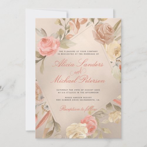 Classy Glam Peach Cream Coral Gold Roses Wedding Invitation