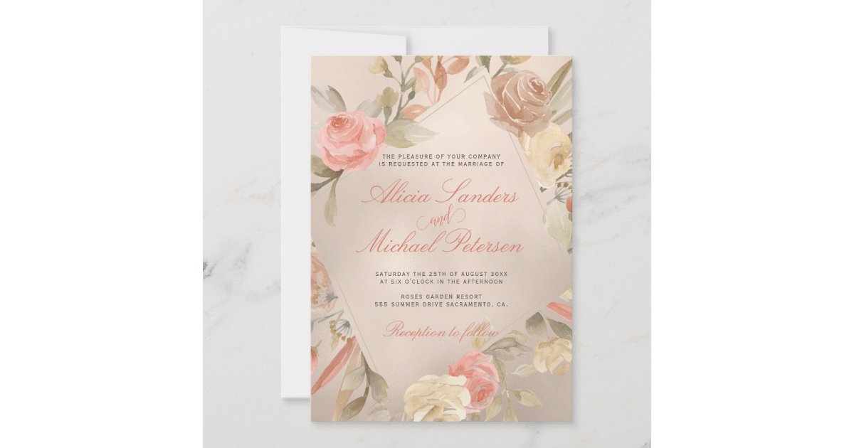 Coral Blush & Deep Red Watercolour Rose Personalised Wedding Invitations