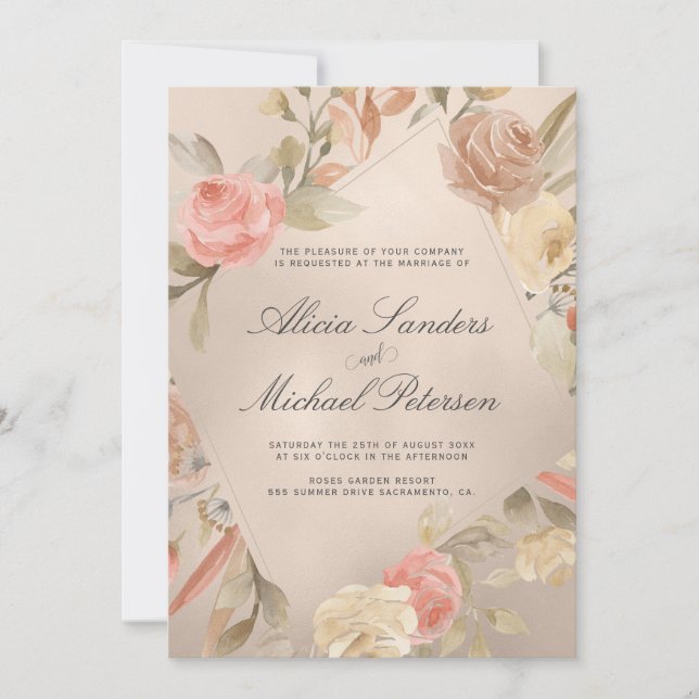 Classy Glam Peachy Gold Hand Painted Roses Wedding Invitation (Front)