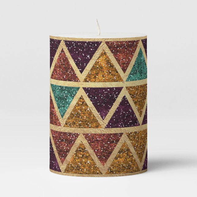 Classy Glitter Triangles Gold Foil Pillar Candle (Front)
