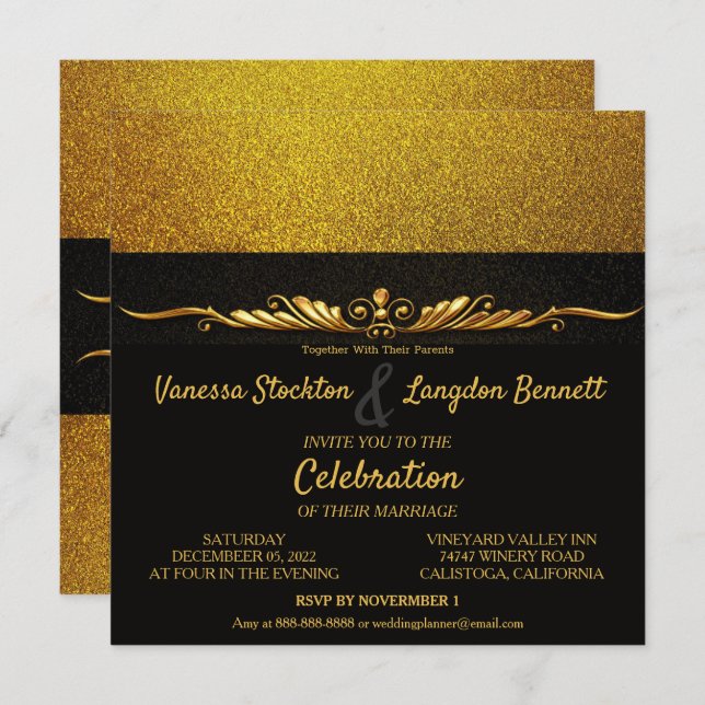Classy Glitzy Gold Wedding Invitation (Front/Back)