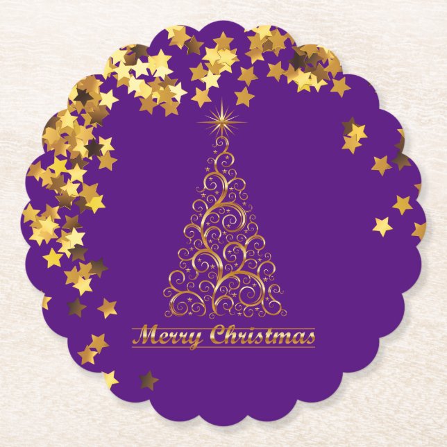 Classy Gold Abstract Christmas Tree Paper Coaster (Front)