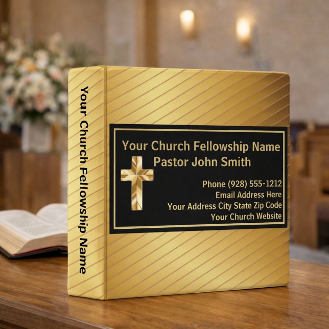 Classy Gold And Black Church Directory 3 Ring Binder (PLEASE NOTE: The foil details are simulated in the artwork. No actual foil will be used in product.)