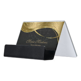 Classy Gold And Black Damask Desk Business Card Holder