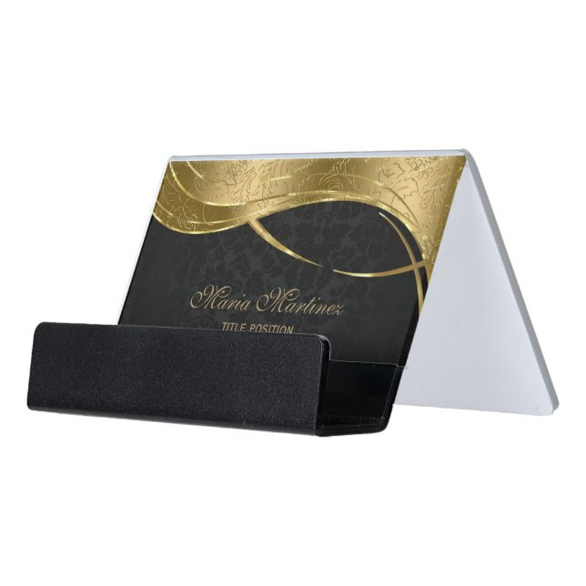 Classy Gold And Black Damask Desk Business Card Holder (Angled Front)