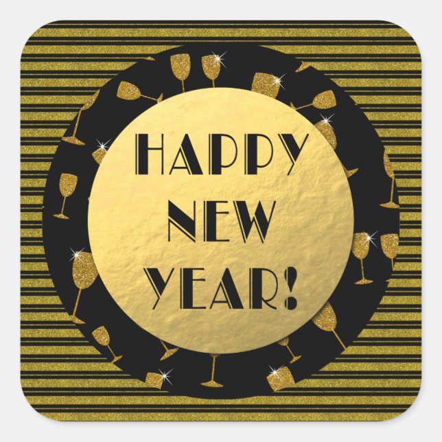 Classy Gold and Black Happy New Year! Square Sticker (Front)