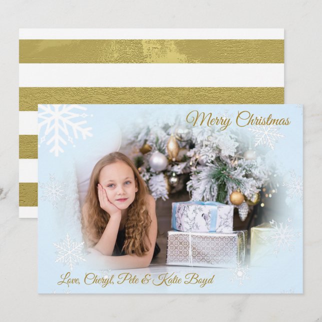 Classy Gold and Blue Custom Photo Christmas Invitation (Front/Back)