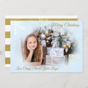Classy Gold and Blue Custom Photo Christmas Invitation