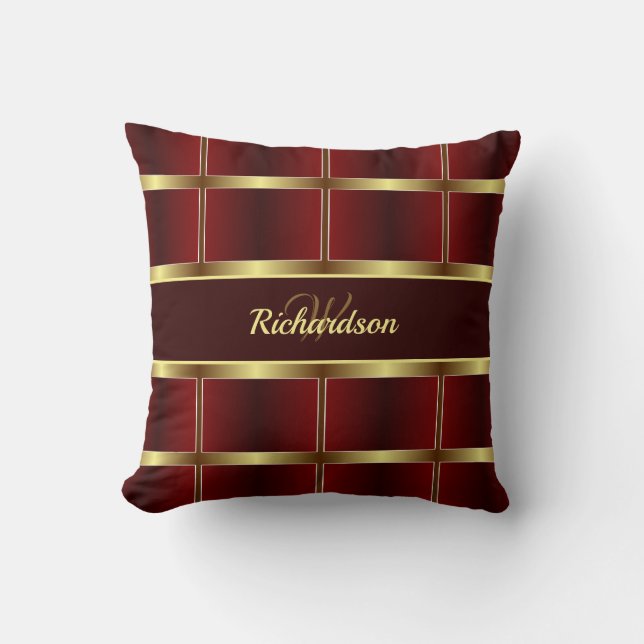  Classy Gold And Burgundy Checkered Pattern Throw Pillow (Front)
