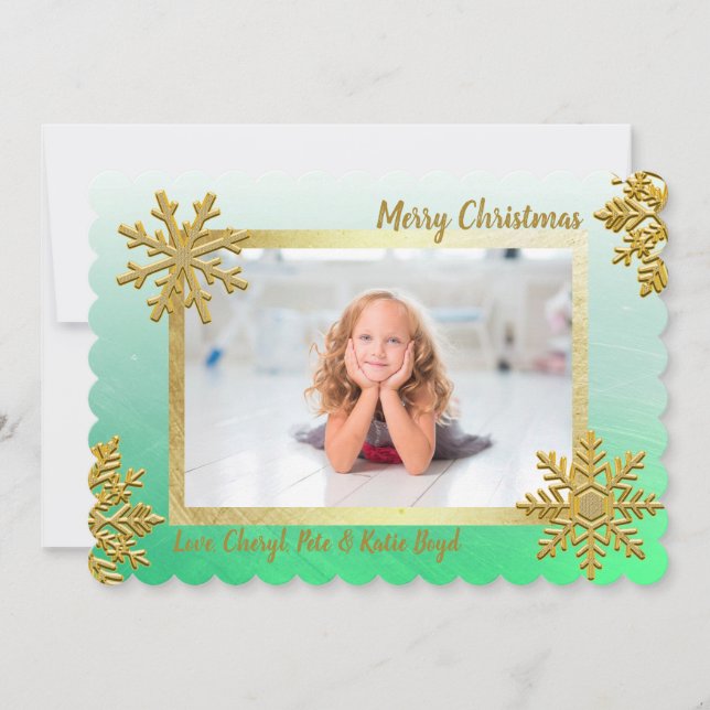 Classy Gold and Green Custom Photo Christmas Invitation (Front)