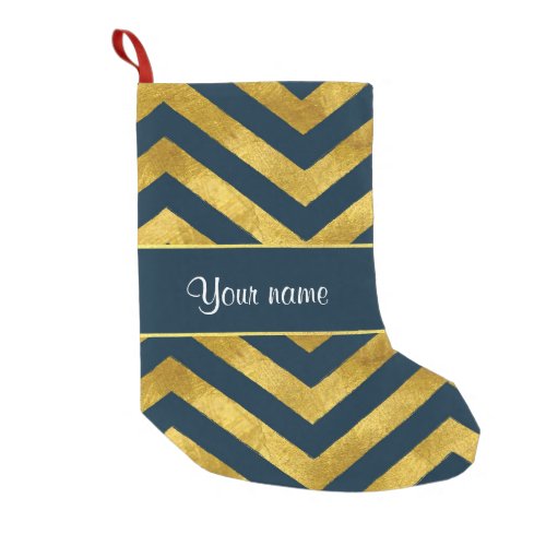 Classy Gold and Navy Blue Chevrons Small Christmas Stocking