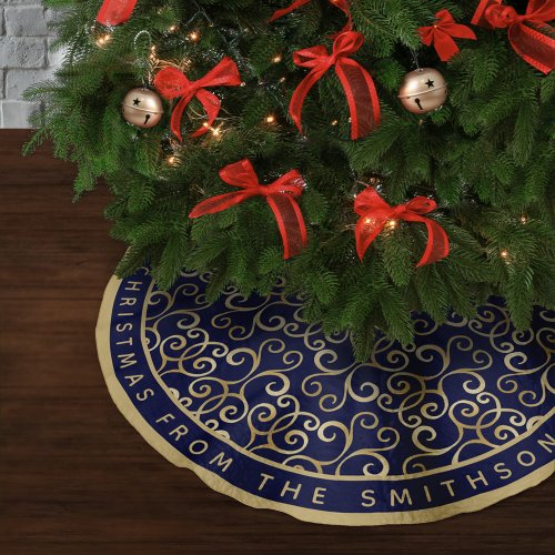 CLASSY GOLD AND NAVY BLUE CHRISTMAS DAMASK CUSTOM BRUSHED POLYESTER TREE SKIRT