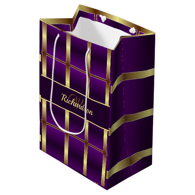 Classy Gold And Purple Checkered Monogrammed Medium Gift Bag (Front Angled)