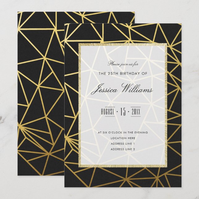 Classy Gold & Black 25th Birthday Party Invitation (Front/Back)