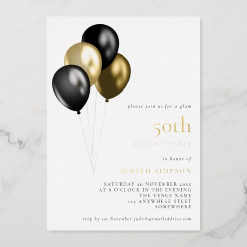 Classy Gold Black Balloons 50th Birthday Real Foil Invitation