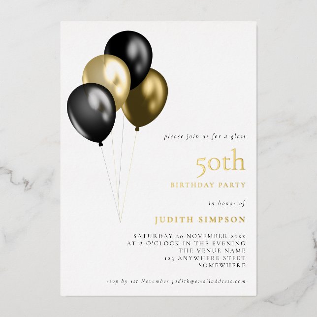 Classy Gold Black Balloons 50th Birthday Real Foil Invitation (Front)