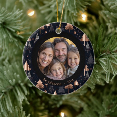 Classy Gold  Black Christmas Tree Family Photo Ceramic Ornament