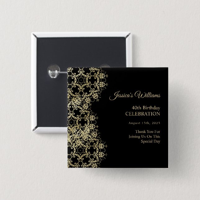 Classy Gold & Black Damask 40th Birthday Button (Front & Back)