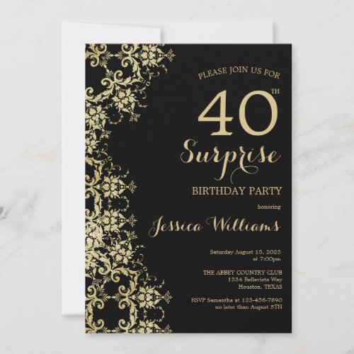 Classy Gold  Black Damask 40th Birthday Surprise Invitation