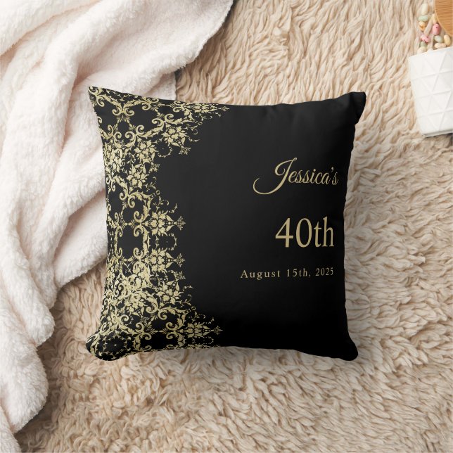 Classy Gold & Black Damask 40th Birthday Throw Pillow (Blanket)