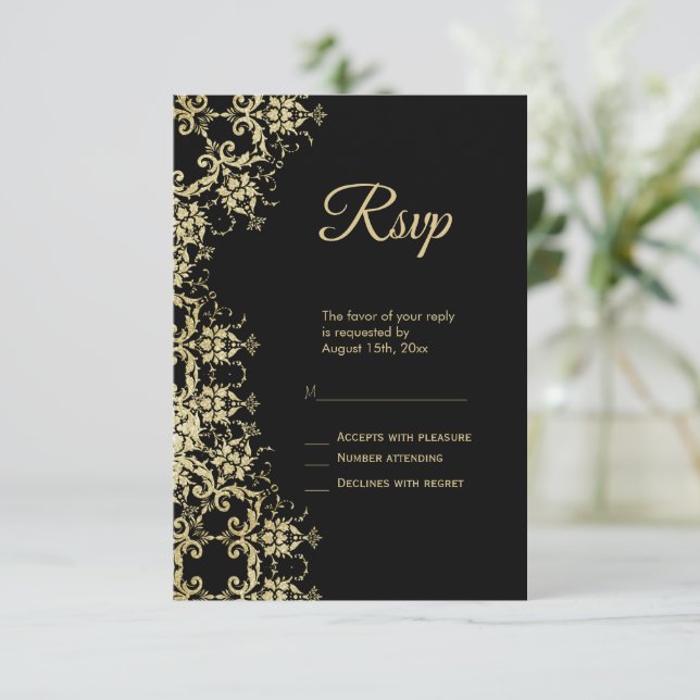 Classy Gold & Black Damask Birthday RSVP Card (Standing Front)